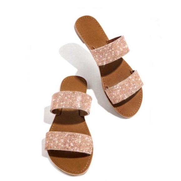 Shoes - Double Strap Embellished Sandals - Rose Gold